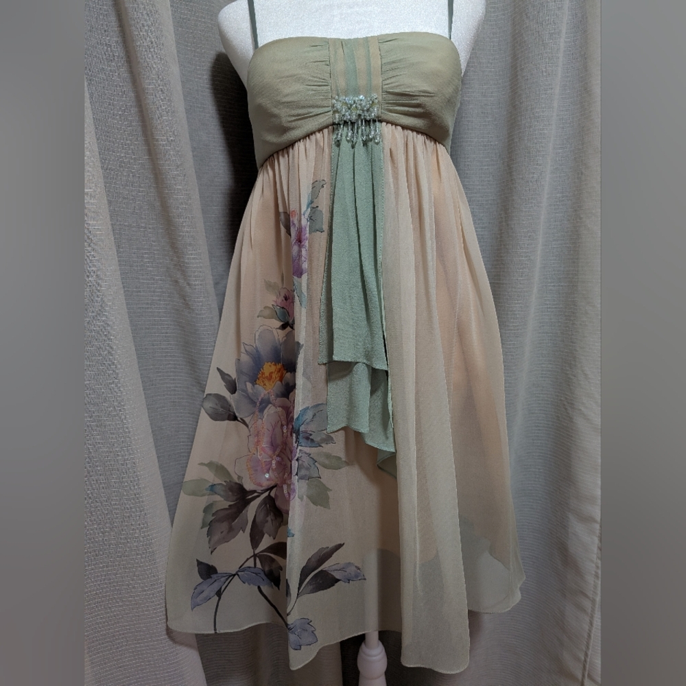 Decode1.8 Cocktail Wedding Guest Dress. Sheer Beige And Sage. Size 4
